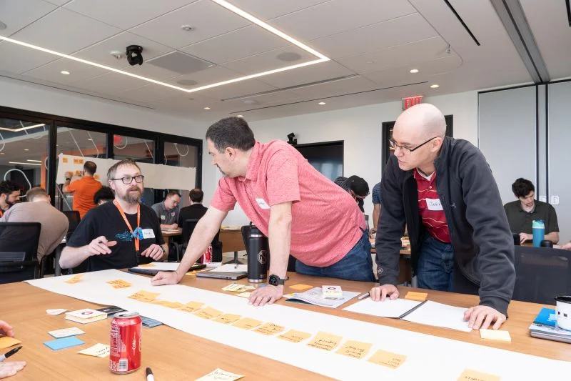 EventStorming workshop participants collaborating closely on modeling